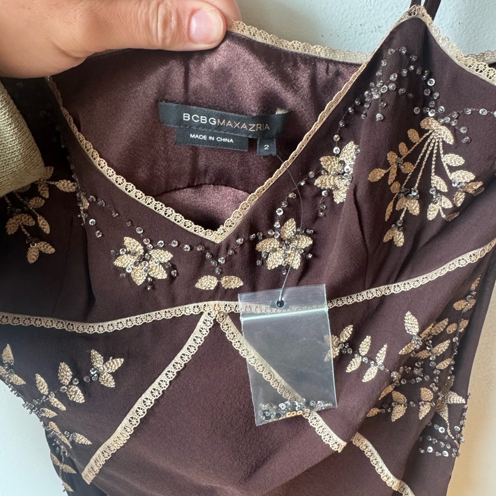 BCBGMaxAzria Brown silk Maxi Dress with Cream Embroidery - Picture 4 of 4
